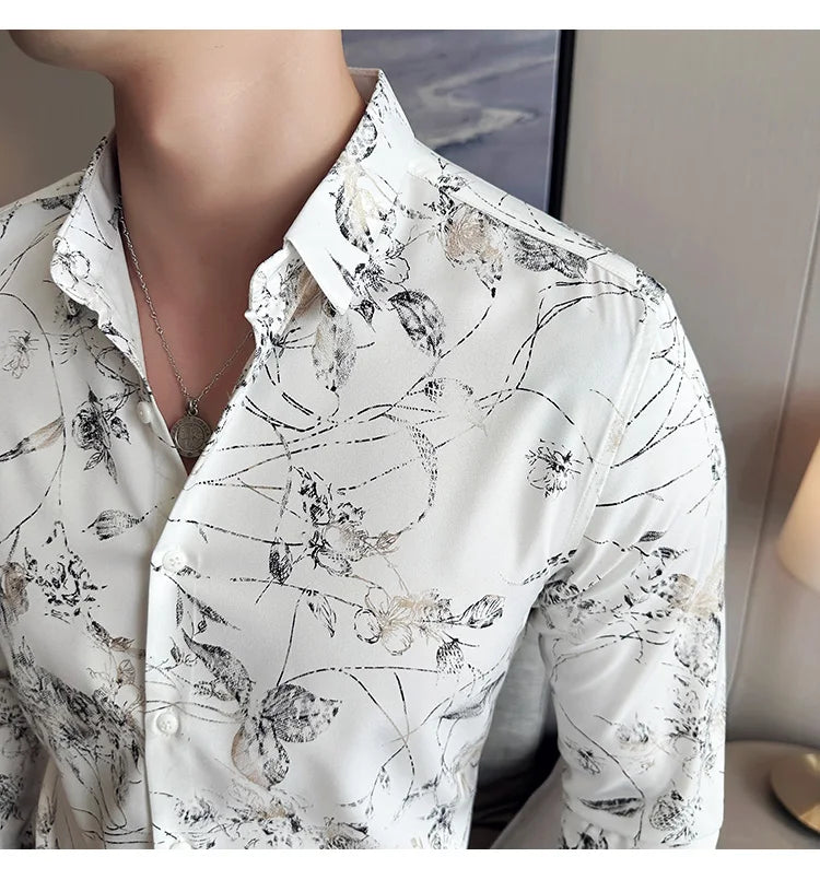 Men's Print Shirt - Slim Fit Long Sleeve Turn Down Collar Shirt