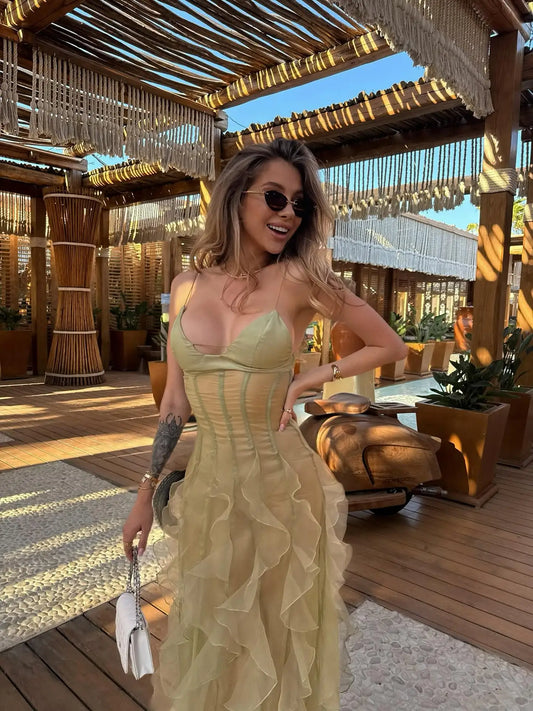 Women's Halter Ruffle Maxi Dress - Tummy Control Bandage Summer Party Dress