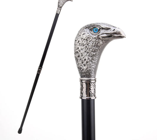 Sliver Eagle Head with Blue Eyes Walking Cane Fashion Decorative Walking Stick Gentleman Elegant Cosplay Cane Knob Crosier 93cm