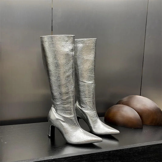 Retro Pointed Toe Square Heel Knee-High Boots | Microfibre Leather
