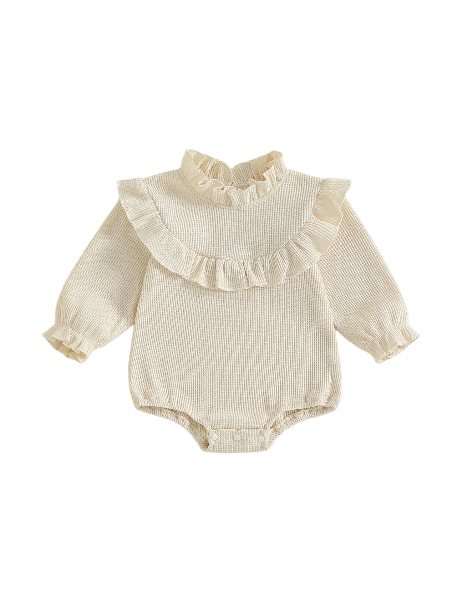 Newborn Baby Girls Waffle Romper - Long Sleeve Mock Neck Ruffled Jumpsuit