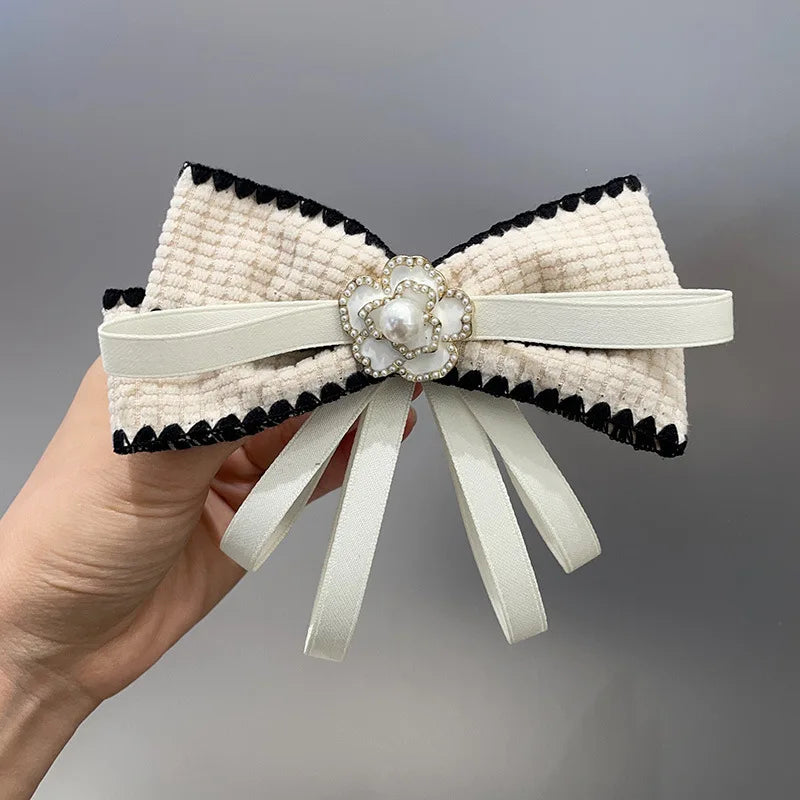 Retro Fabric Bow Tie Camellia Pearl Brooch - Women's Shirt Sweater Collar Pin Necktie