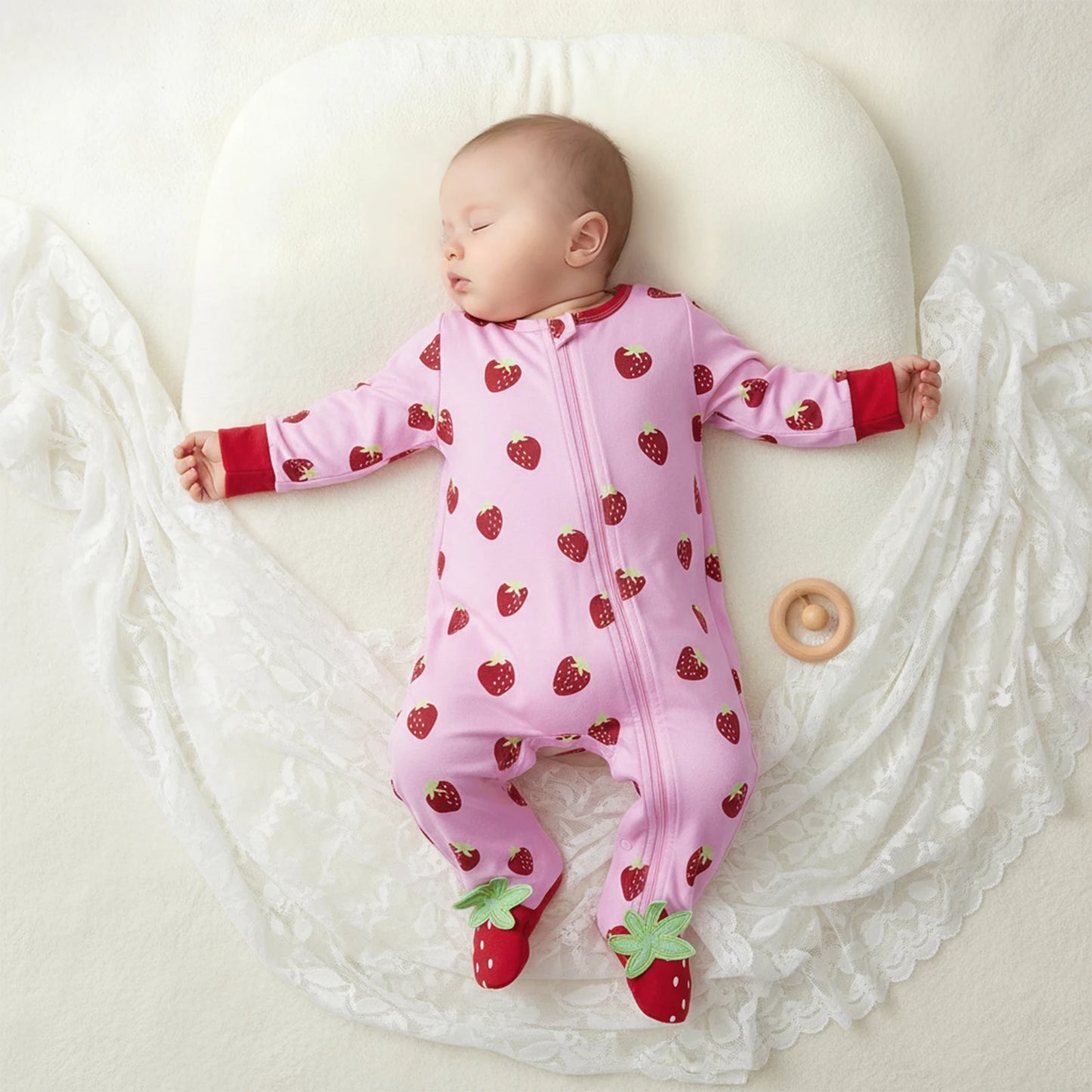 Baby Girls Boys Strawberry Print Romper - Long Sleeve Footed Jumpsuit 0-18M