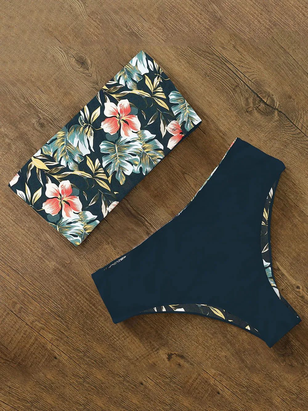 High Waist Bikini Set - Cross Back Bandeau Swimsuit with Print