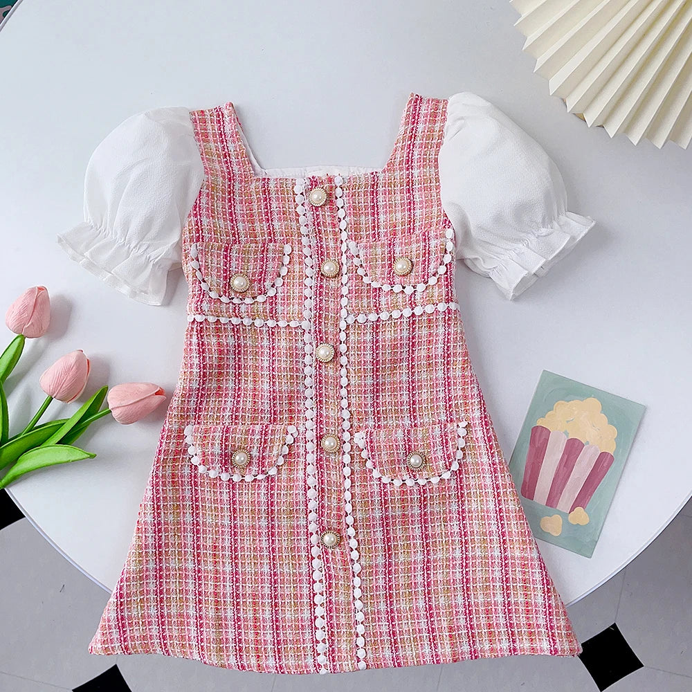 Girl's Bubble Sleeve Plaid Retro Button Lace Dress