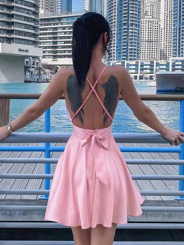 Women Satin Backless Sleeveless Straps Wrap Mini Dress