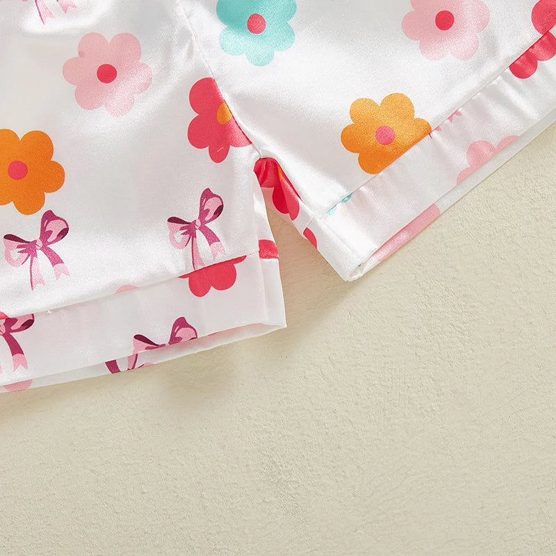 0-4Y Summer  Kids Girls Summer Pyjamas Clothes Sets 2pcs Flower Bow Print Single Breasted Shirts and Shorts