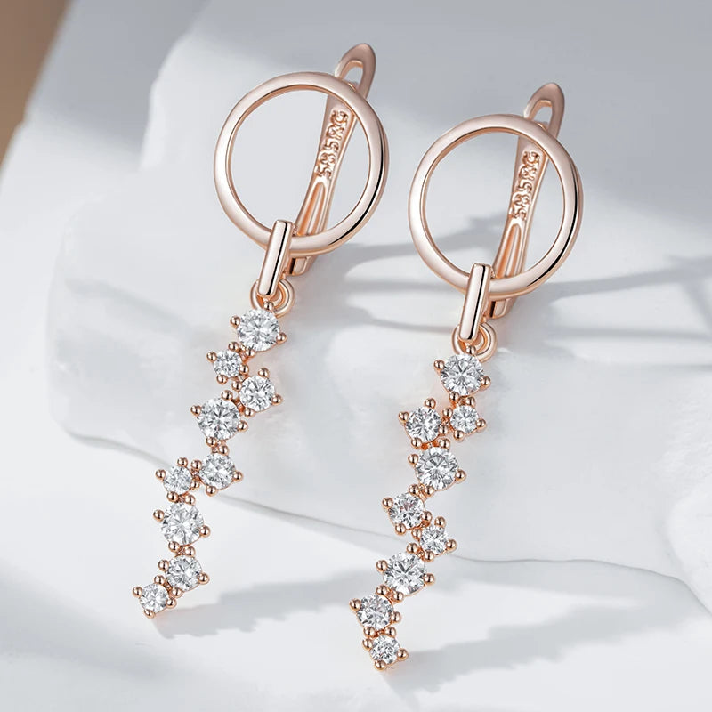 Rose Gold Natural Zircon Long Drop Earrings - Crystal Wedding Jewelry