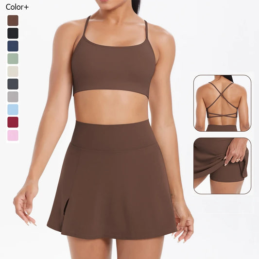 Women's Two Piece Tennis Skirt Set - 2-in-1 Gym Running Suit with Breathable Shorts