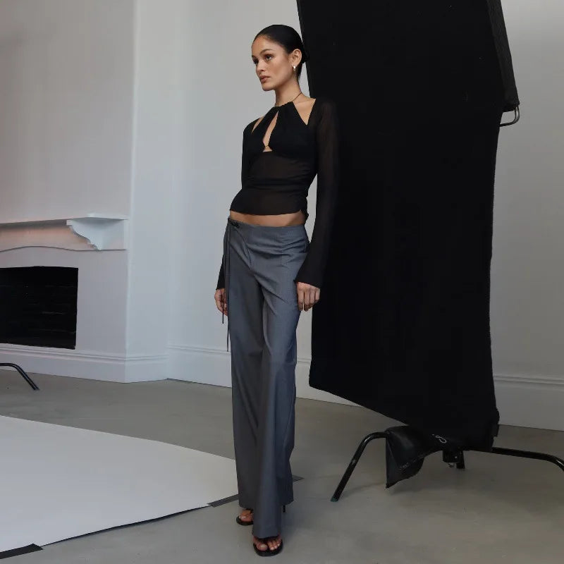 Women's Mesh See Through Long Sleeve Top - Asymmetrical Halter Style