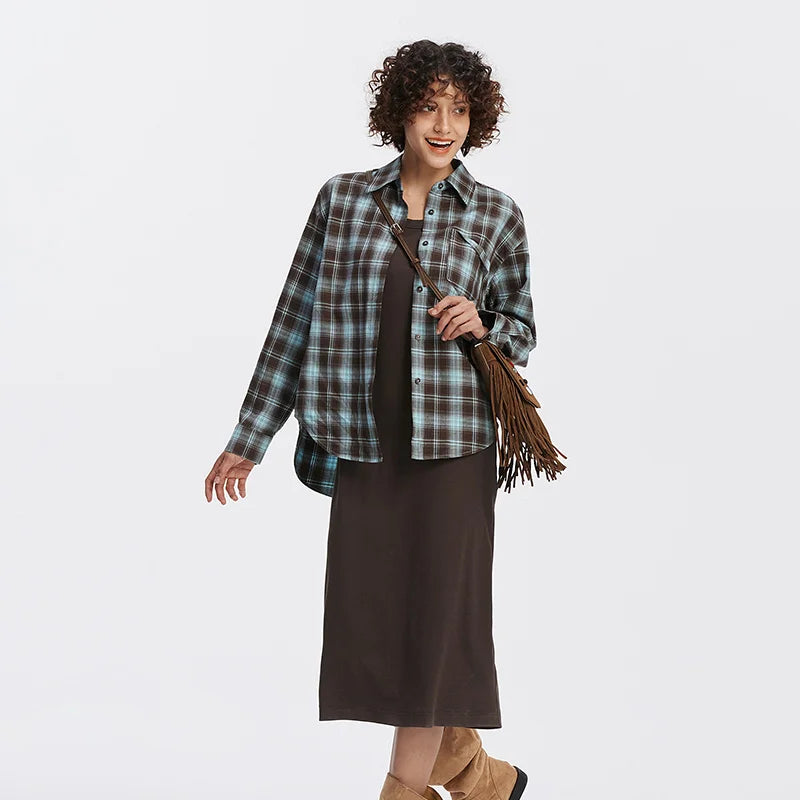 U-Neck Vest Dress & Checkered Shirt Set - Vintage Two Piece Autumn Outfit
