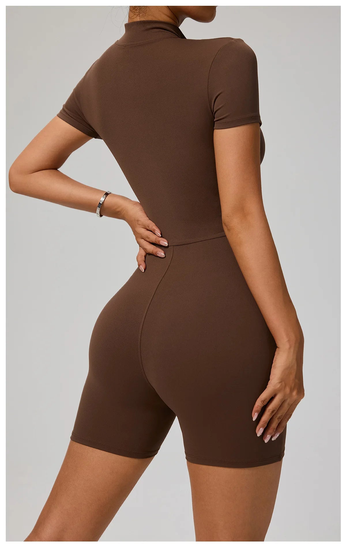 Zipper Front Jumpsuit - Short Sleeve Nylon Workout Set for Gym & Yoga