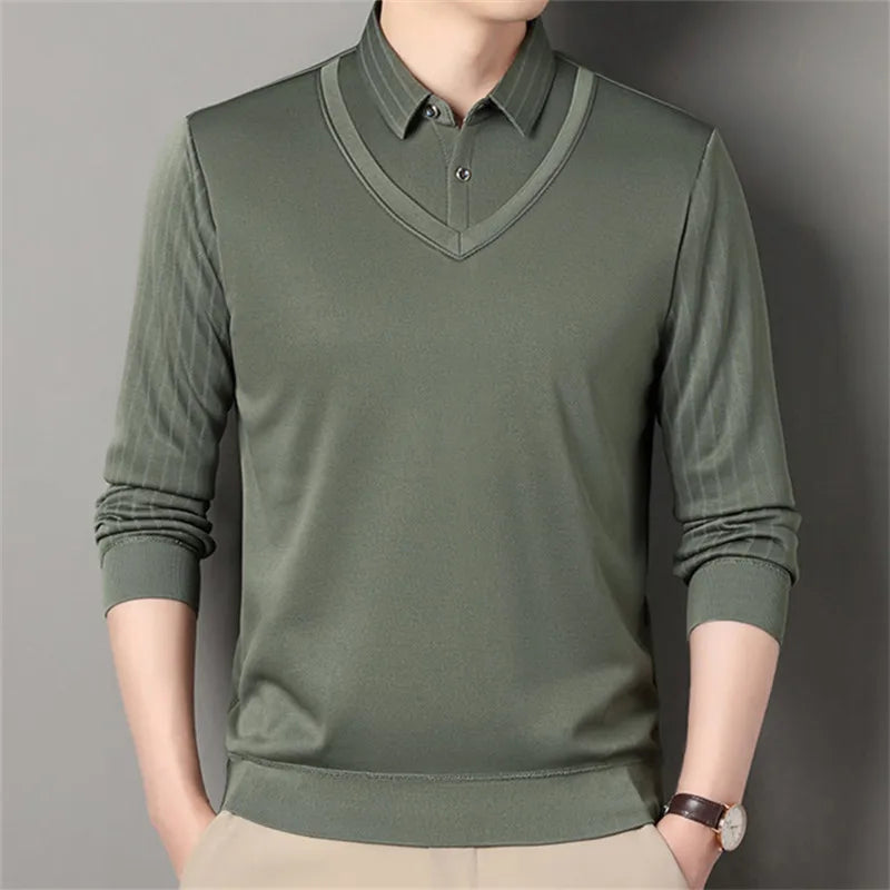 Fake Two Piece Knitted Sweater - Shirt Collar Smart Casual Fleece