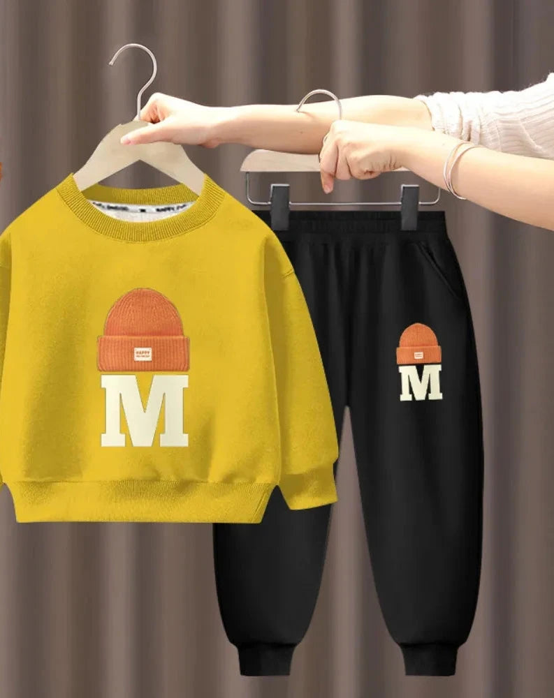 Children's Plush Letter Sweater Long sleeved Pants Two Piece Set