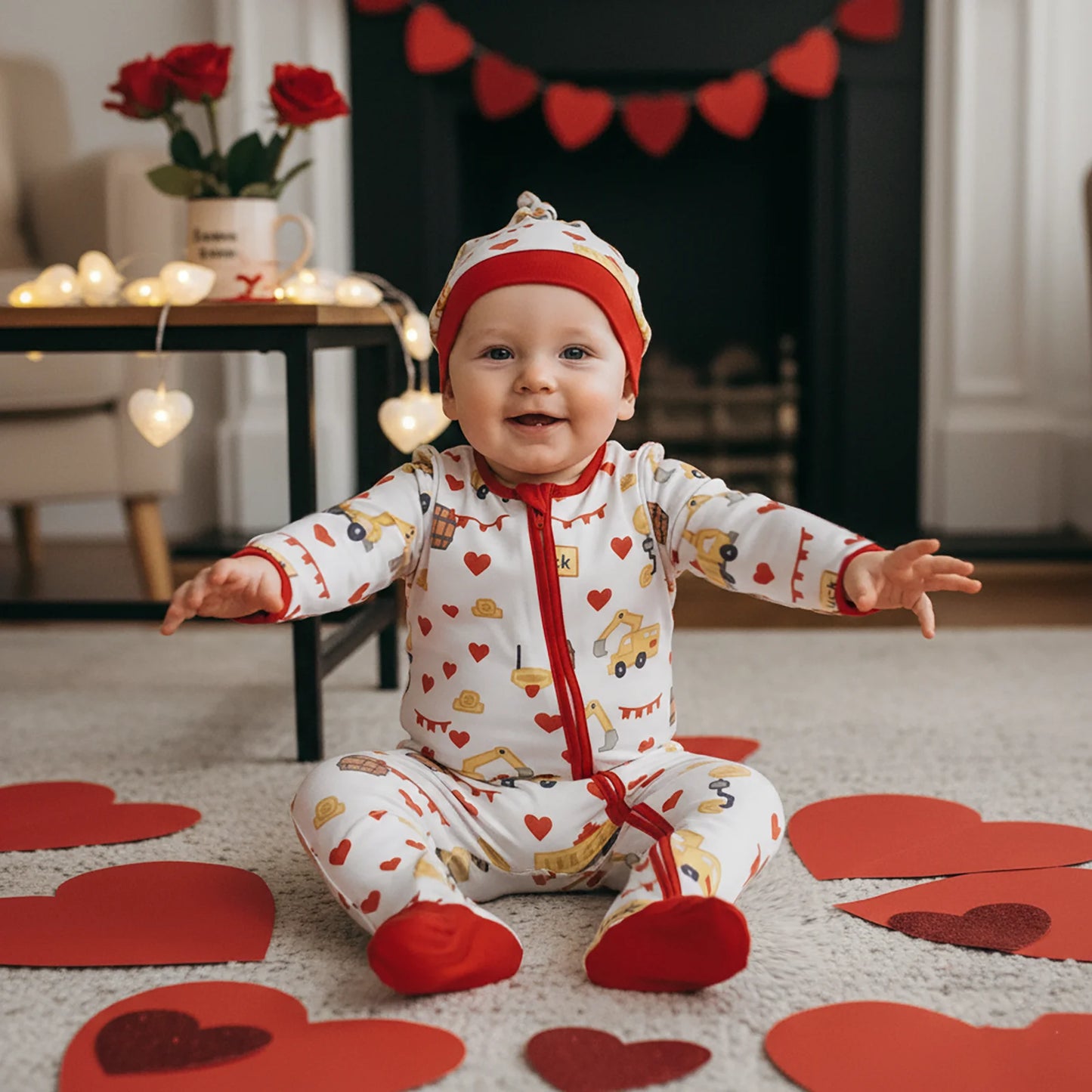 Baby Boys Girls Valentine's Day Romper Set - Excavator Heart Print Jumpsuit with Hat 0-18M