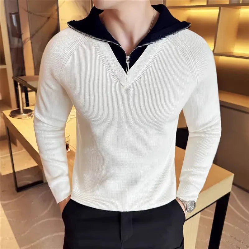 Men's Half Zipper Turn Down Collar Casual Patchwork Knit Pullovers Sweater