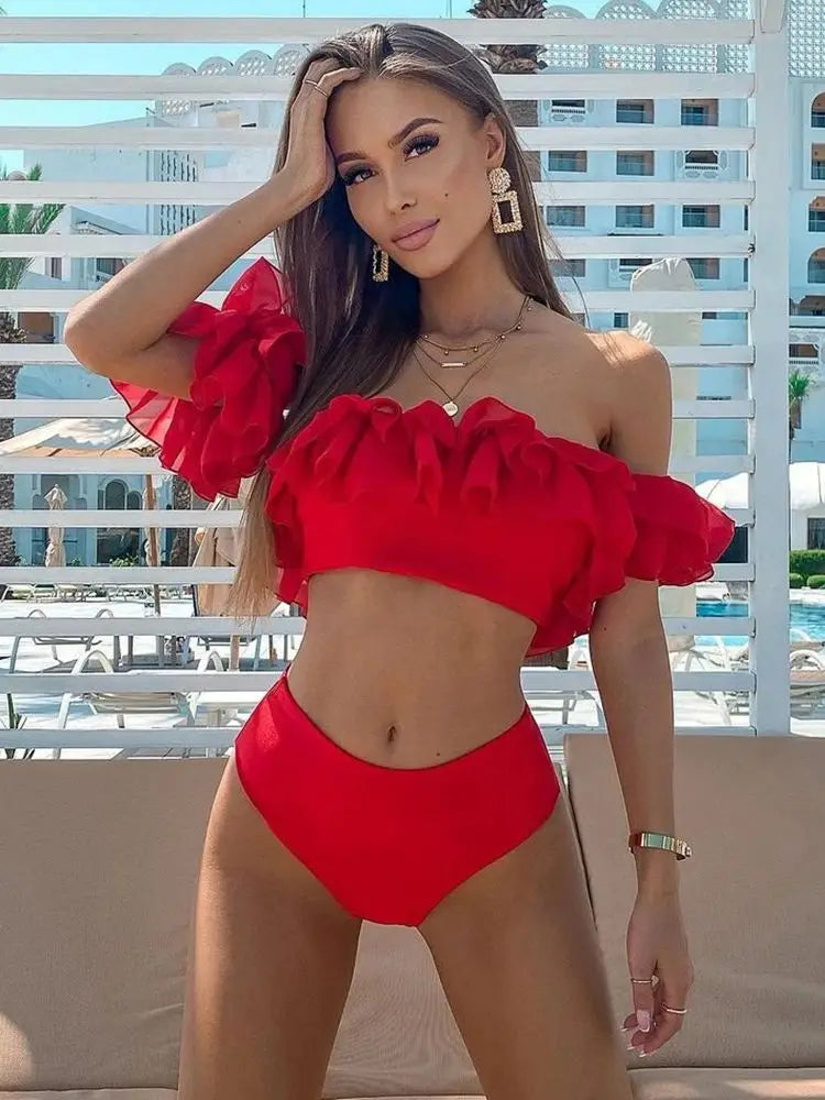 Women's Double Ruffle Bikini Swimsuit High Waist Swimwear Off The Shoulder Beachwear Bandeau Set