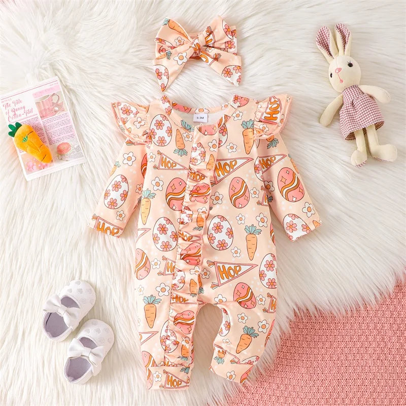 Newborn Baby Easter Jumpsuit - Long Sleeve Rabbit Egg Print Romper with Headband