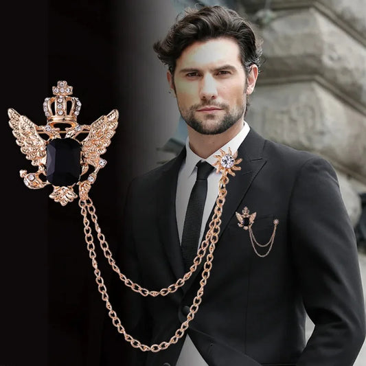 Men's Wings Crown Brooch Crystal Tassel Chain Lapel Pin Suit Badge Collar Corsage  Accessories