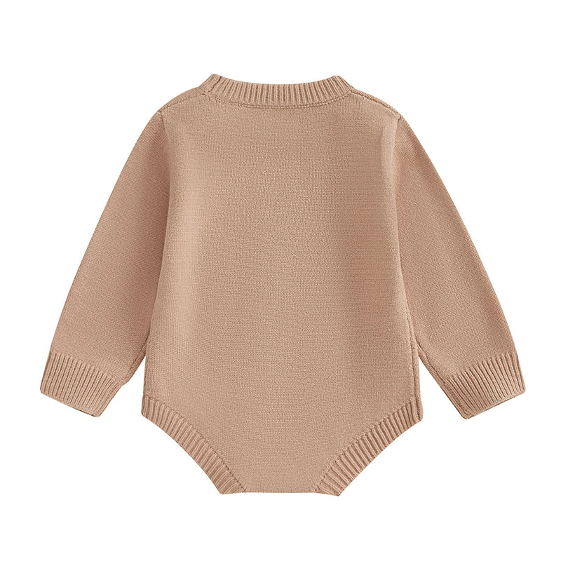 Baby Unisex Knit Long Sleeve Romper | Letter & Rabbit Festival Print | O-Neck | Covered Button | Cotton Blend | All Seasons | 3–18 Months