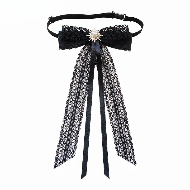 Black Fabric Bow Brooch - College Style Crystal Collar Pin