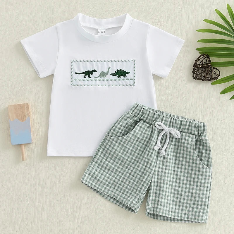 Dinosaur Embroidered T-Shirt & Plaid Shorts Set - Toddler Boys (0-4Y)