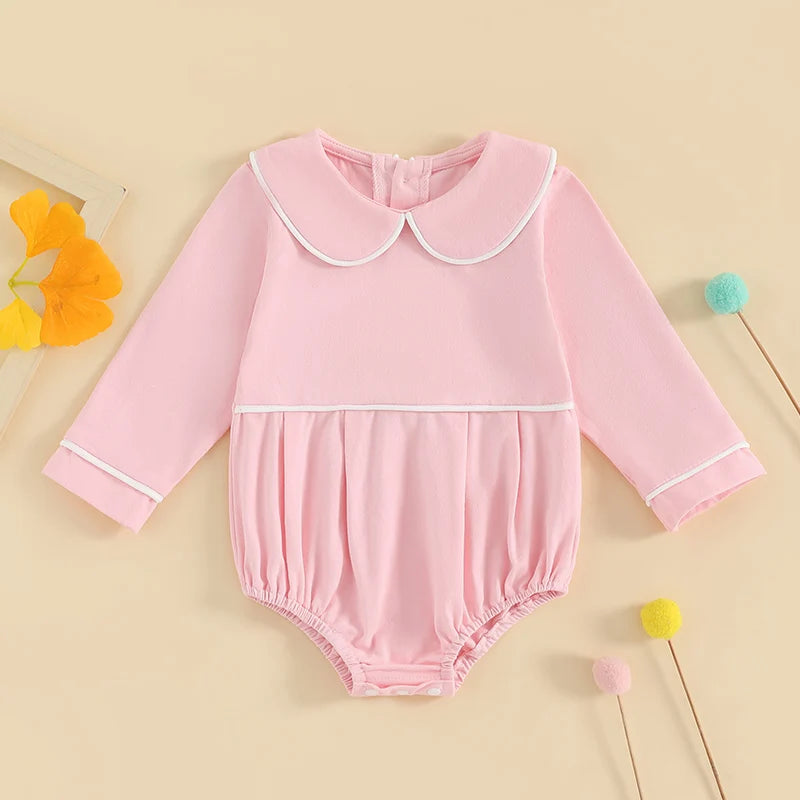 Baby Romper with Doll Collar - Long Sleeve Contrast Line Bodysuit