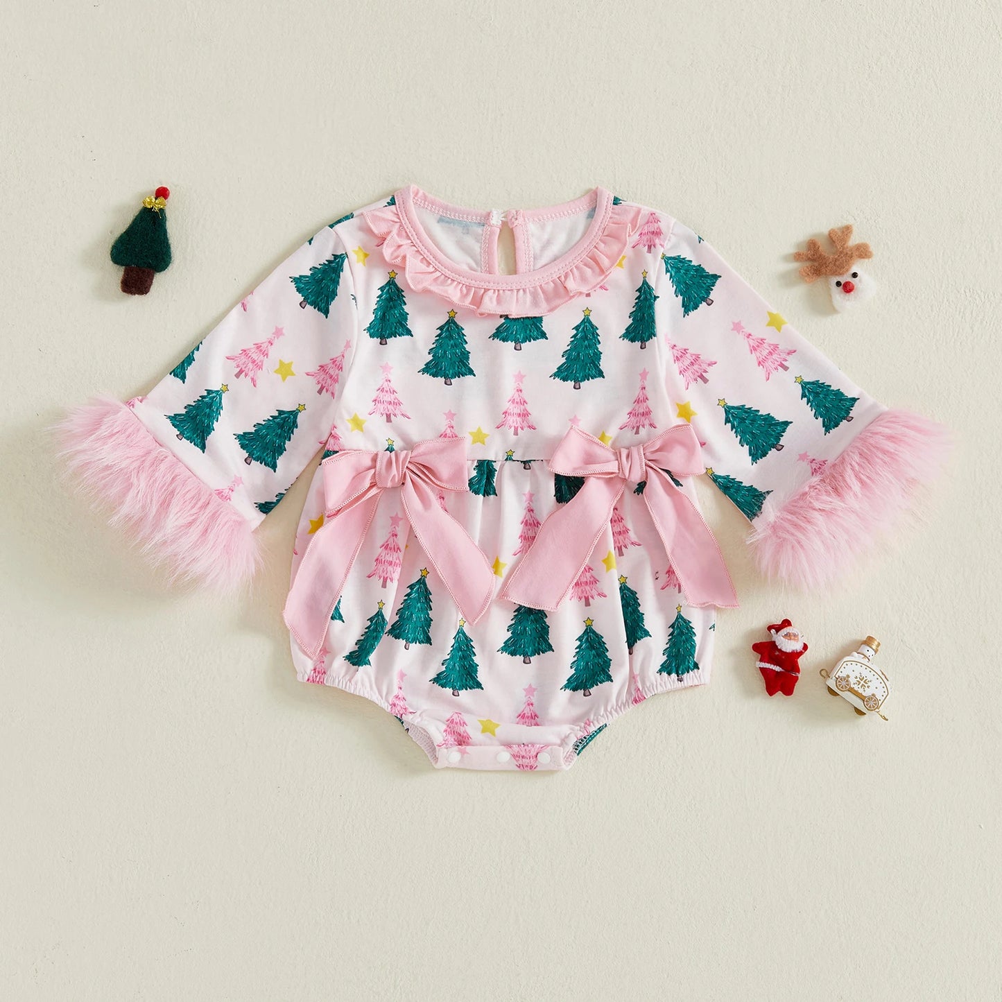 Baby Girls' Christmas Tree Print Romper - Festive Long Sleeve Jumpsuit