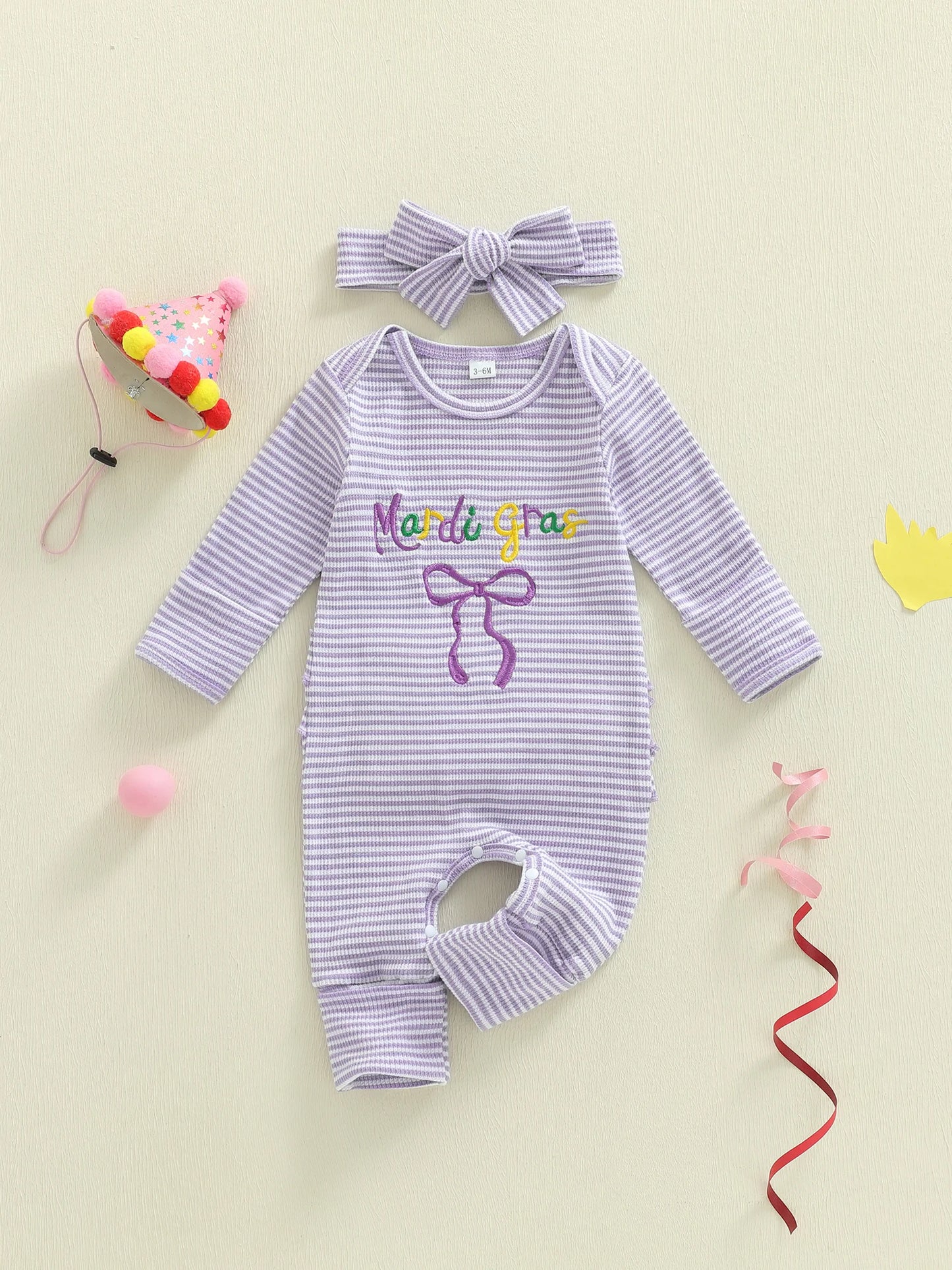 Newborn Baby Romper with Headband - Bow Letter Embroidery Stripe Long Sleeve Jumpsuit