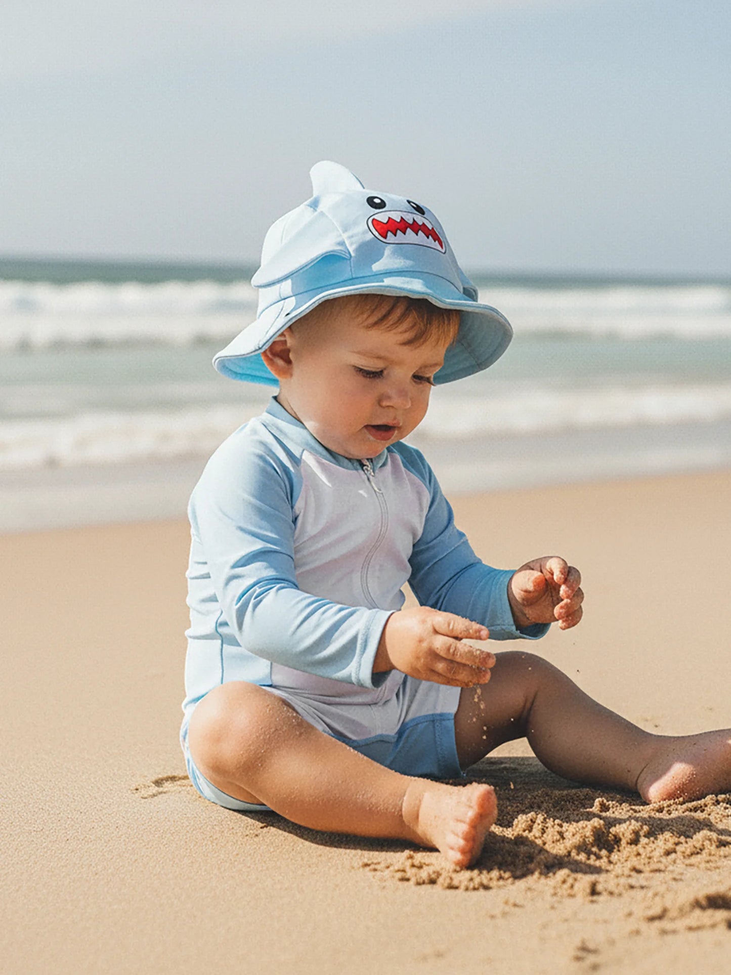 Baby Boys Rash Guard Swimsuit Set - Long Sleeve Zip-Up with Sun Cap