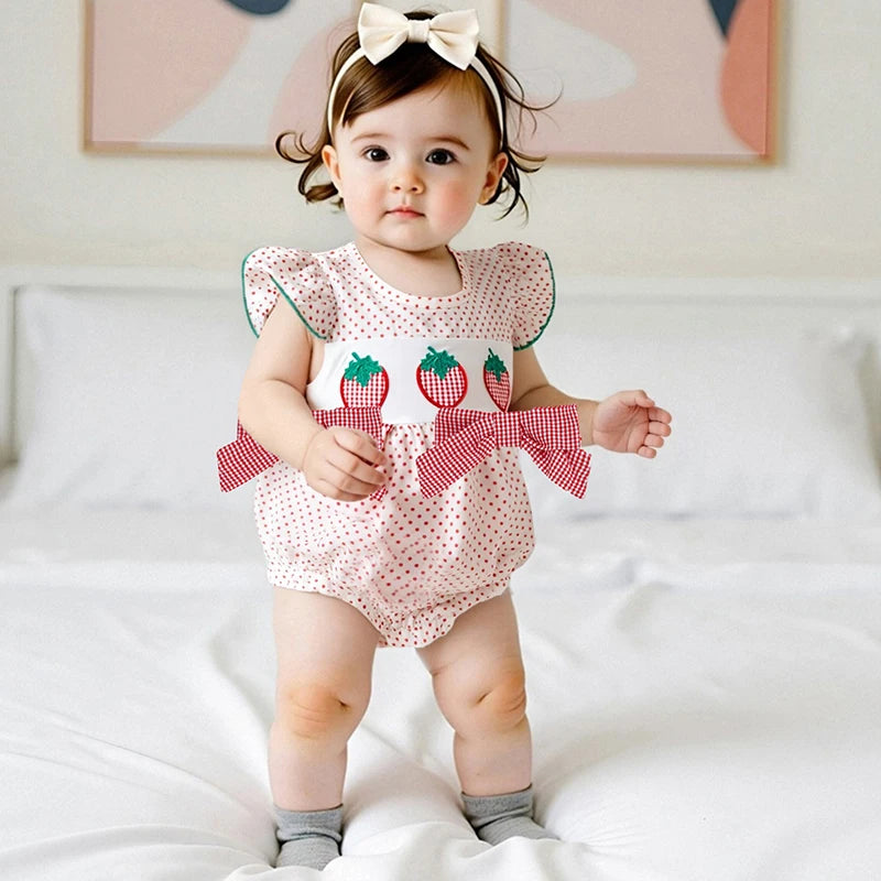 0-18M  Baby Girls Romper for Summer Strawberry Embroidery Dot Print Crew Neck Ruffled Flying Sleeve Babygrow Jumpsuit