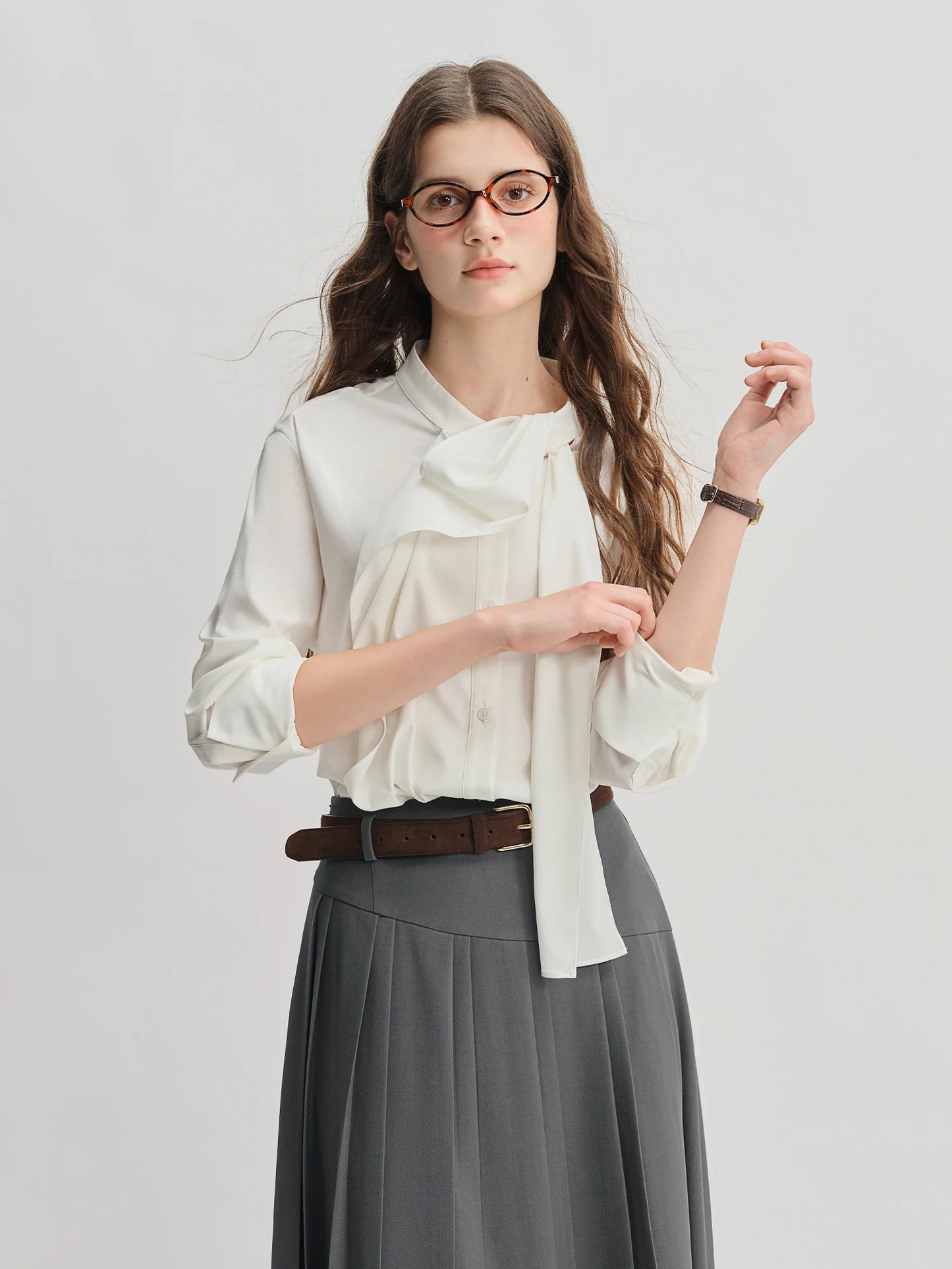 Ribbon Tie Blouse with Irregular Hem