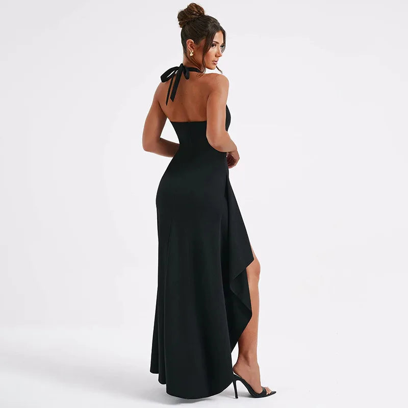 Women's Halter V Neck Split Long Backless Maxi Dress