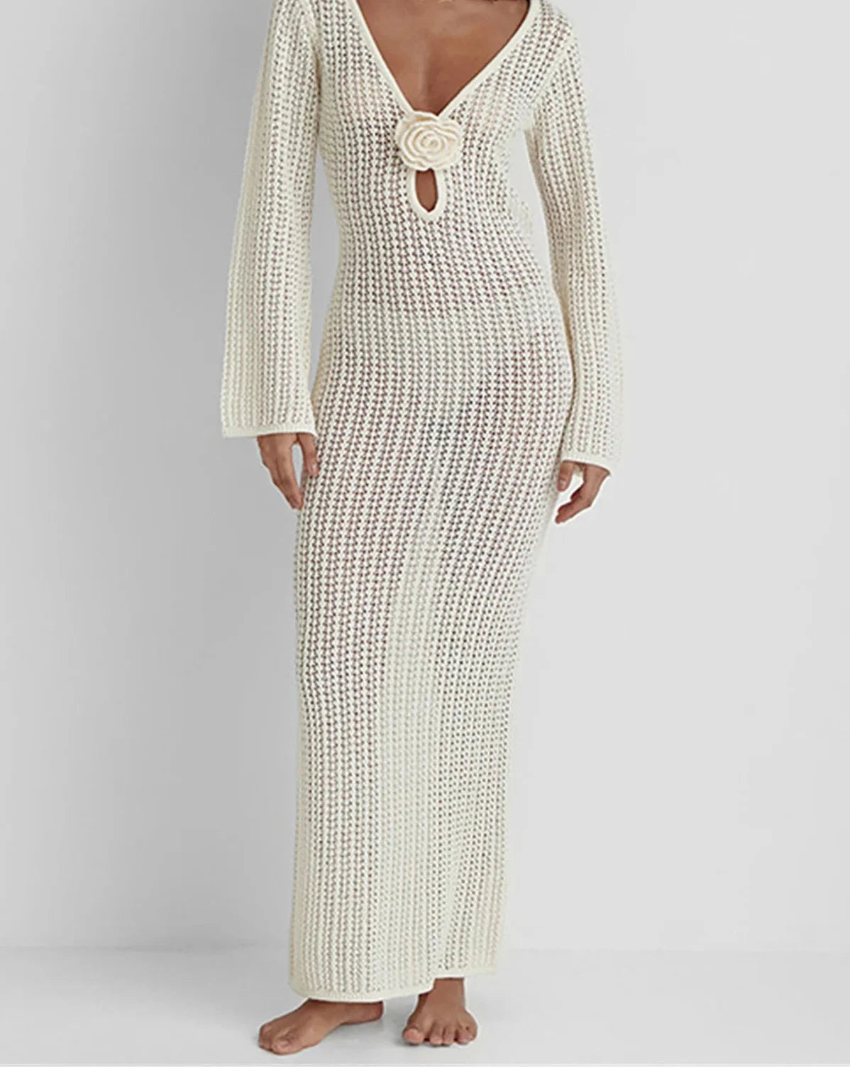 3D Flower V Neck Crochet Knitted Beach Cover Up Tunic