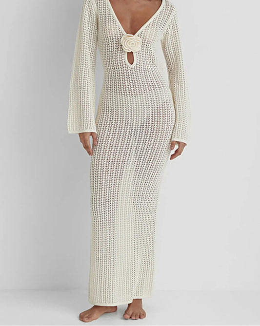 3D Flower V Neck Crochet Knitted Beach Cover Up Tunic