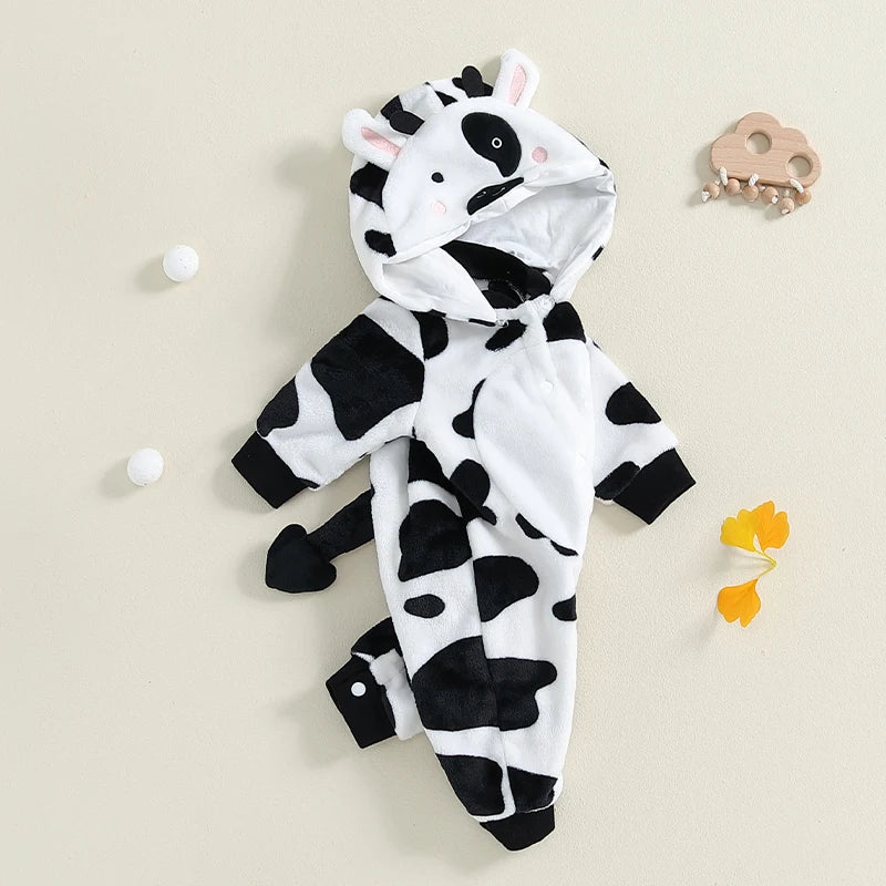 0-18M  Baby Boys Cute Romper Long Sleeve Cow Pattern Button Hooded Jumpsuit for Newborn