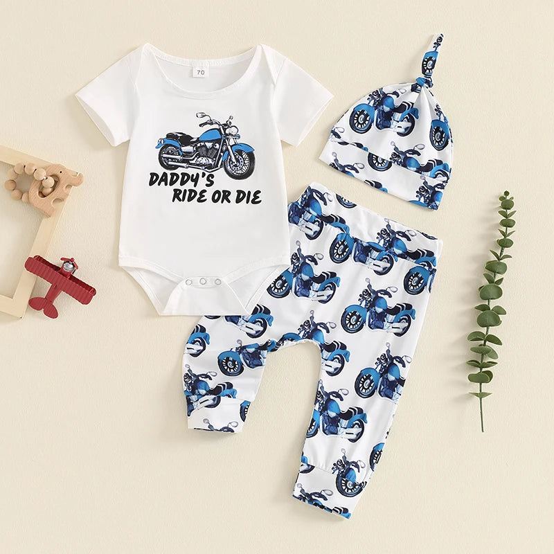 0-18M 3pcs Baby Boys Western Clothes Set - Cow/Cartoon Letter Print Short Sleeve Romper with Pants and Hat