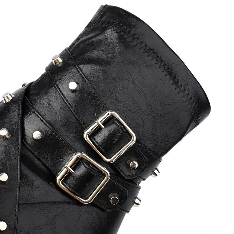 Women's Rivet Belt Buckle 10cm High Heel Short Pointed Side Zipper Leather Ankle Boots