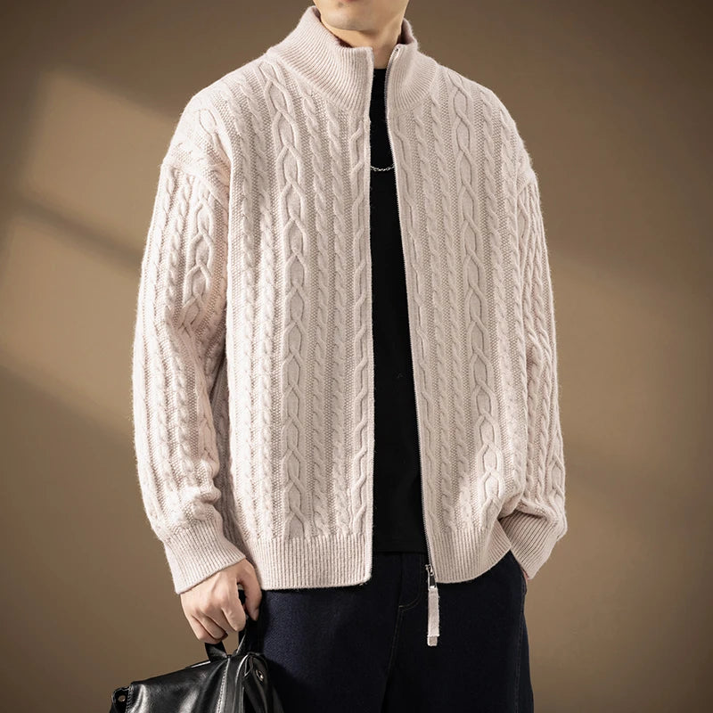 Men's Stand Collar Knitted Cardigan Sweatercoat Loose Fit Warm Casual Jacket