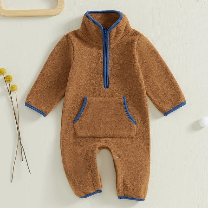 0-12M Baby Boys Fleece Romper Long Sleeve Stand Collar Pockets Plush Overalls Jumpsuits with Zipper