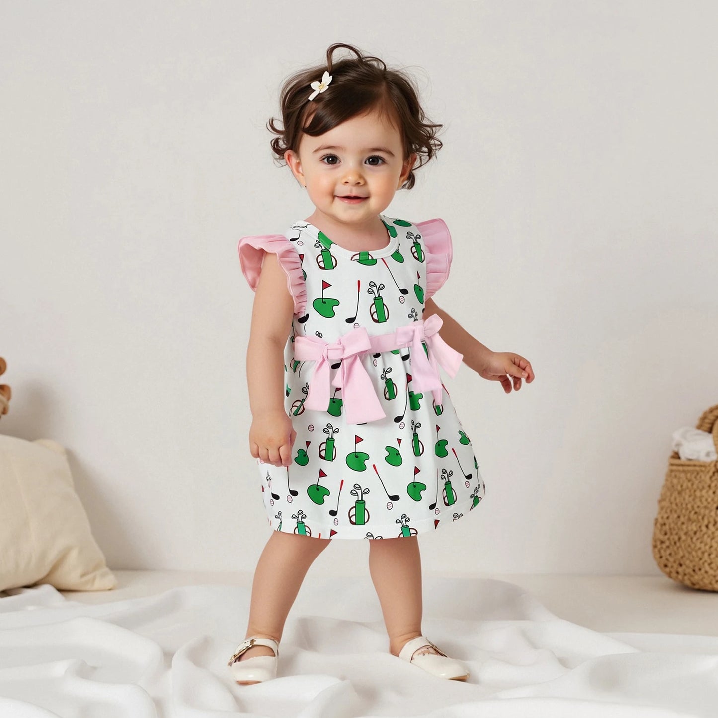 Baby Girls' Romper Dress - Golf Print Bowknot Ruffles Fly Sleeve Bodysuit