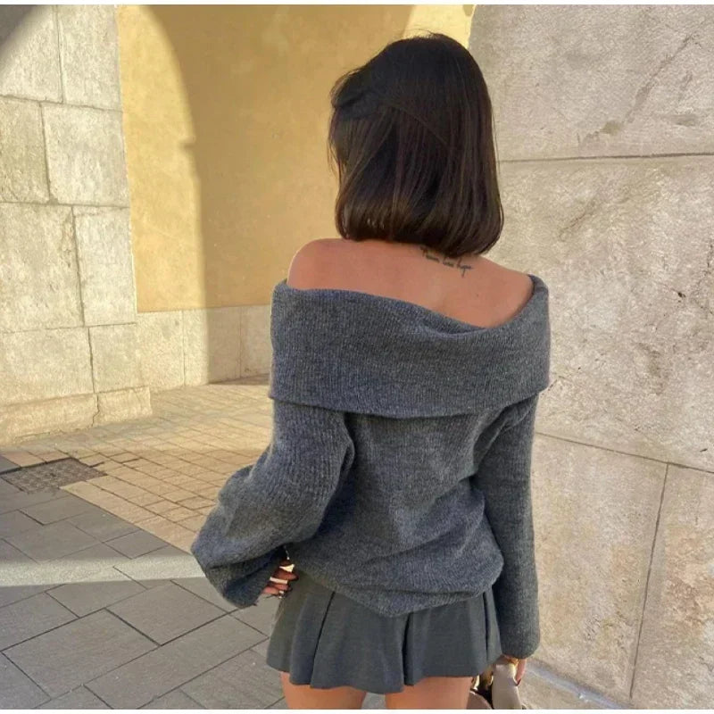 Women's Slash Neck Off Shoulder  Long Sleeve Pullover Sweater