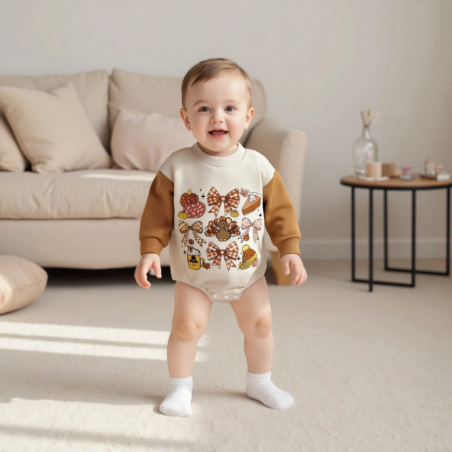 Baby Thanksgiving Romper - Bow Turkey Print Long Sleeve Bodysuit