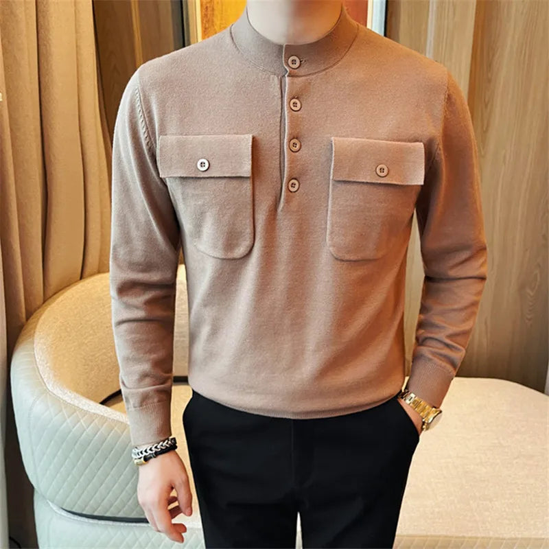 Men's Slim Fit Knitted O-Neck Pullover Sweater Solid Color Warm Korean Style