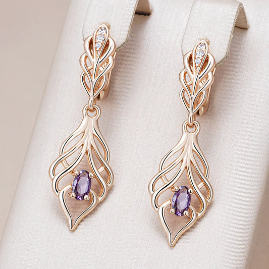 Women's Shiny Purple Natural Zircon Long Drop 585 Rose Gold Colour Earrings