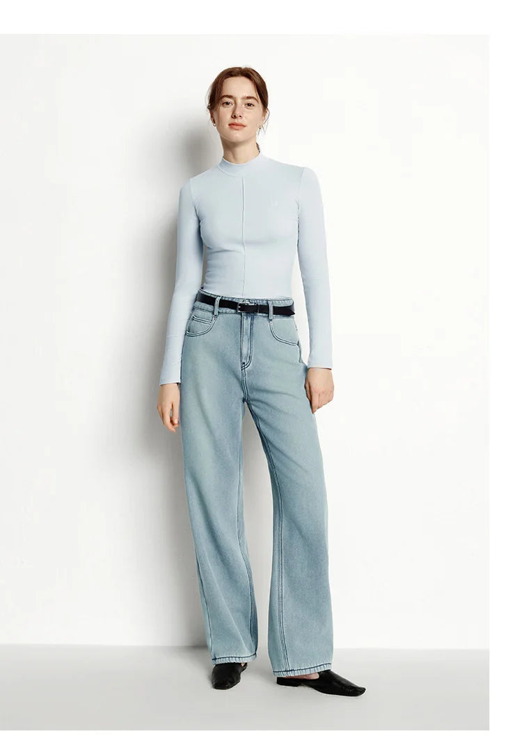 Women's Mock Neck Thermal Base Layer - Slim Fit Brushed Fabric with Embroidery