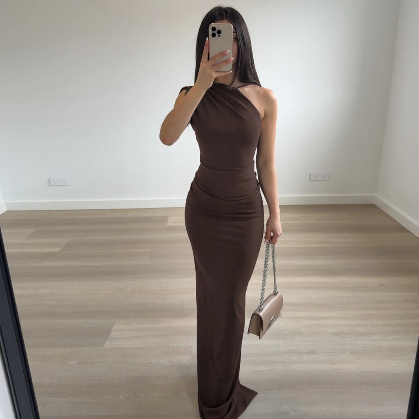 Women's Asymmetrical Backless Maxi Dress - Sleeveless Ruched Party Dress