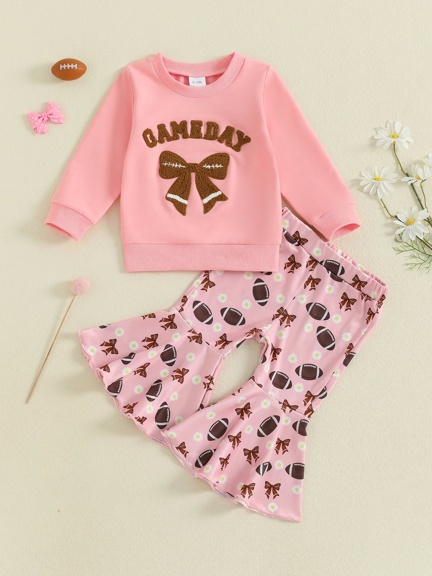 Girls Bow Embroidery Outfit Set - Long Sleeve Letter Pullover Sweatshirt & Football Flare Pants (0-4Y)
