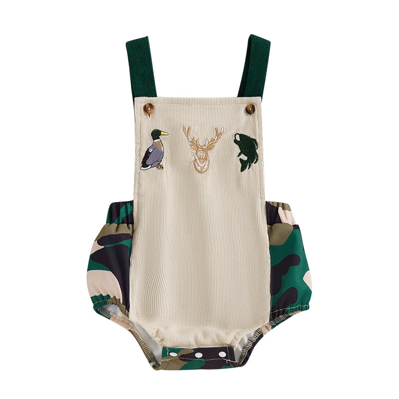 0-18M Baby Boys Romper Summer Sleeveless Square Neck Animal Embroidery Camouflage Print Newborn Overalls