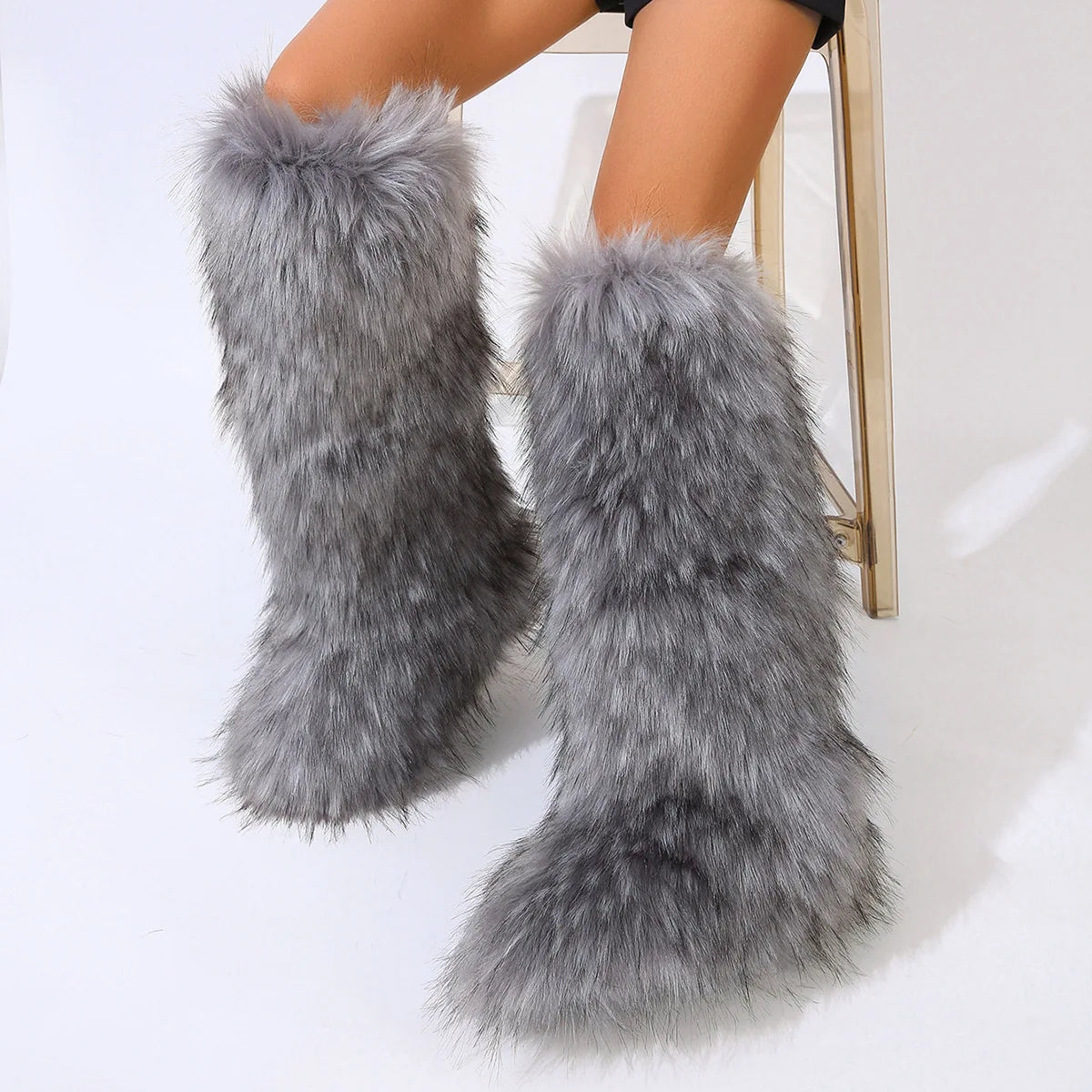 Women's Winter Thigh High Fluffy Plush Knee High Fur Faux Boots